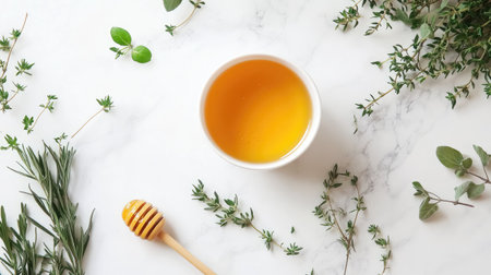 A top view of a cup of green tea on a white marble surface, with fresh herbs and a honey dipperの素材