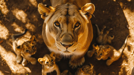 A top view of a lioness watching over her cubs, keeping a vigilant eye out for potential dangerの素材