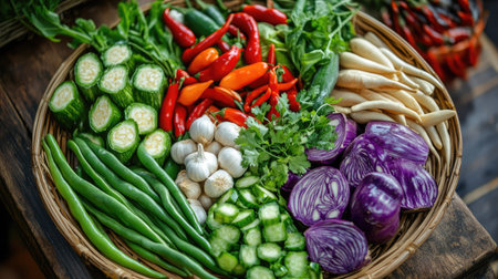 A top view of a platter of fresh Thai vegetables, including long beans, Thai eggplants, and Thai chili peppersの素材
