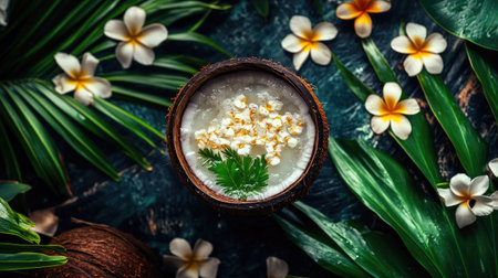 A top view of a coconut water drink served in a carved coconut shell, with tropical flowers and leavesの素材
