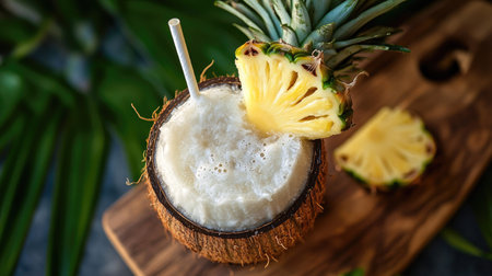 A top view of a fresh coconut water drink with a slice of pineapple and a straw, set on a wooden boardの素材