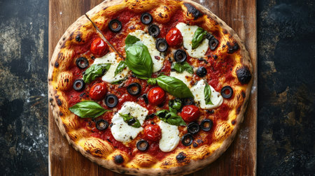 A top view of a pizza topped with olives, mozzarella, tomatoes, and basil on a wooden pizza boardの素材