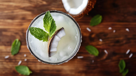 A top view of a glass of coconut water with a slice of coconut and mint garnish, set on a wooden tableの素材