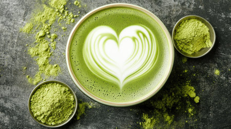 A top view of a matcha latte art with a delicate heart design, served with a small bowl of matcha powderの素材