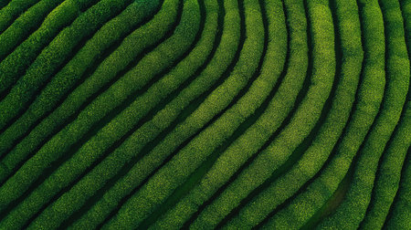 A top view of a green tea plantation with neatly arranged rows of tea plants, stretching out towards the horizonの素材