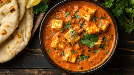 A top view of a rich and creamy paneer tikka masala with soft naan bread, garnished with cilantro and a lemon wedgeの素材