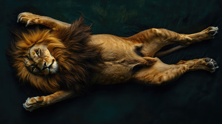 A top view of a lion's powerful body stretched out, showing its muscular frame and majestic maneの素材
