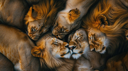 A top view of a lion pride napping together, with lions of different ages snuggled closelyの素材