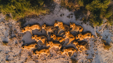 A top view of a lion pride resting together, with cubs nestled close to the adults on a sandy patchの素材
