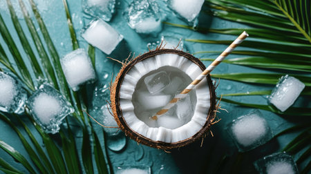 A top view of a sliced coconut with a straw inserted, surrounded by ice cubes and coconut palm leavesの素材