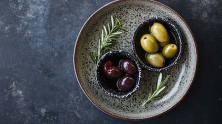 A top view of an elegant olive dish set, featuring different types of olives and a dipping bowlの素材