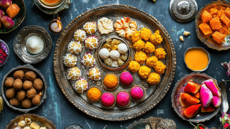 A top view of a traditional Indian dessert spread, featuring laddoos, barfi, and peda on a decorative trayの素材