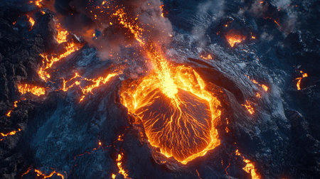 A top view of a volcanic eruption with a lava fountain spewing from the crater and glowing lava flowsの素材