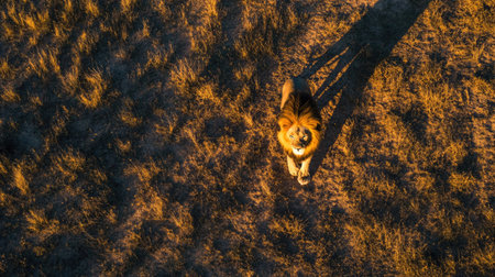 A top view shot of a lion walking through the savannah, casting a long shadow in the evening lightの素材