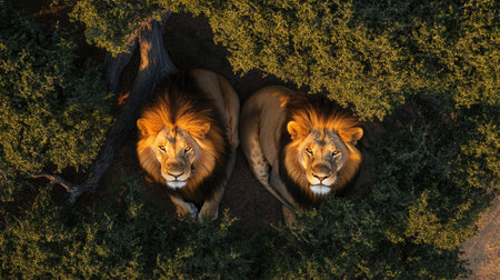 A top view shot of a lion and lioness resting side by side under a tree, enjoying the shadeの素材