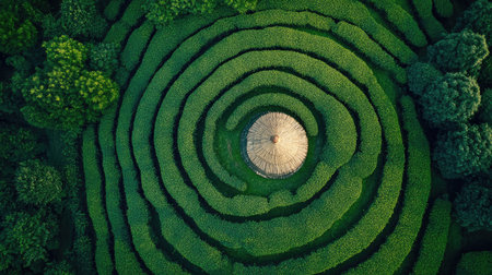 A top view shot of a green tea plantation with a small gazebo in the center, offering a perfect spot for tea tastingの素材