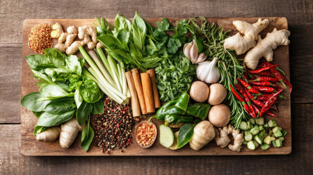A top view of a variety of Thai herbs and spices, such as lemongrass, galangal, Thai basil, and bird's eye chili, arranged on a wooden boardの素材