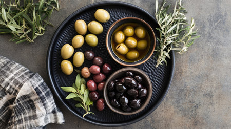 A top view of an elegant olive dish set, featuring different types of olives and a dipping bowlの素材