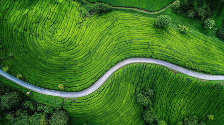 A top view shot of a green tea plantation with a winding road cutting through the vibrant green landscapeの素材