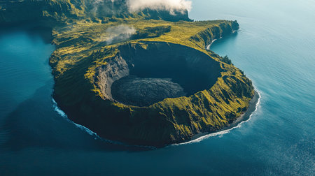 A top view shot of a volcanic island with a central crater and black sand beachesの素材