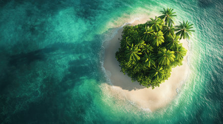 A top view shot of a coconut tree island, with the tree's leaves creating a green umbrella over the sandy shoreの素材