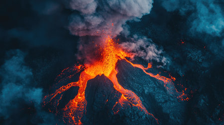 A top view of a volcanic eruption with molten lava, ash clouds, and fiery red-orange glow at nightの素材