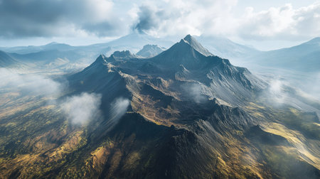 A top view of a volcanic mountain range with a chain of craters and rugged peaks under a cloudy skyの素材
