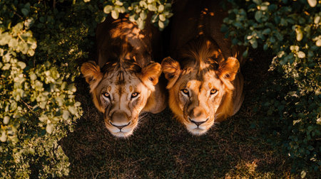 A top view shot of a lion and lioness resting side by side under a tree, enjoying the shadeの素材