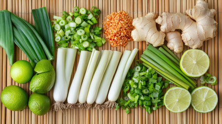A top view of fresh Thai ingredients, such as fingerroot, lime, and green onions, arranged on a bamboo matの素材