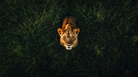 A top view shot of a lioness hunting, her muscles tense and eyes fixed on distant preyの素材