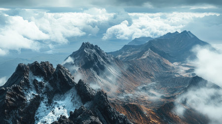 A top view of a volcanic mountain range with a chain of craters and rugged peaks under a cloudy skyの素材