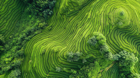 A top view shot of a terraced green tea plantation, showcasing the intricate layers and patterns of the fieldsの素材