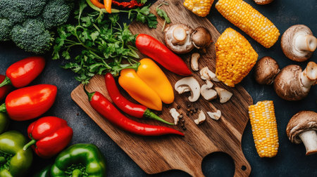 A top view of fresh Thai vegetables for stir-frying, including bell peppers, mushrooms, and young corn, on a cutting boardの素材