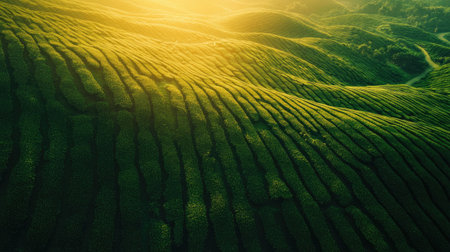A top view shot of a green tea plantation during the golden hour, with the warm light casting a soft glow on the fieldsの素材
