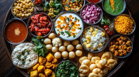 A top view of a vibrant platter of Indian snacks, including dahi puri, aloo tikki, and bhel puri, with colorful chutneysの素材