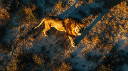 A top view shot of a lion walking through the savannah, casting a long shadow in the evening lightの素材