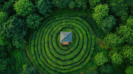 A top view shot of a green tea plantation with a small gazebo in the center, offering a perfect spot for tea tastingの素材