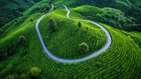 A top view shot of a green tea plantation with a winding road cutting through the vibrant green landscapeの素材
