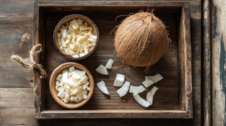 A top view of a wooden tray with a fresh coconut, straw, and a small bowl of coconut piecesの素材