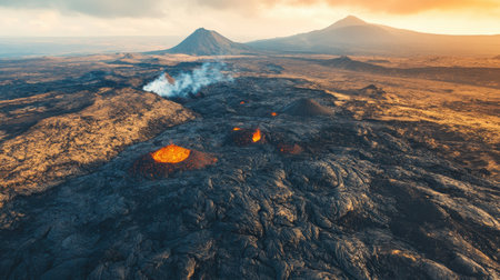 A top view shot of a volcanic plateau with lava fields and scattered volcanic cones in the distanceの素材