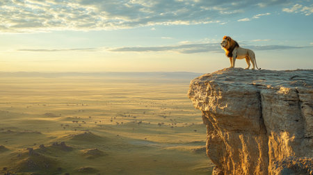 A top view shot of a lion standing tall on a cliff edge, overlooking the vast plains belowの素材