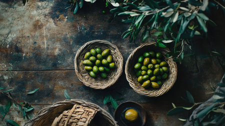 A top view shot of a rustic olive harvest scene, with freshly picked olives, leaves, and a woven basketの素材