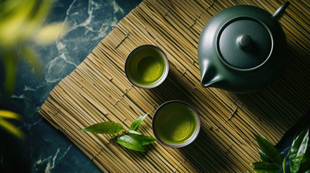 A top view shot of a green tea teapot with cups, surrounded by fresh leaves and a bamboo matの素材