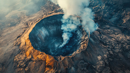 Aerial top view of a volcanic caldera with a steaming fumarole and surrounding rugged landscapeの素材