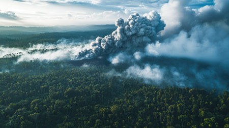 Aerial top view of a volcanic ash cloud spreading over a dense forest, casting a shadow over the landscapeの素材