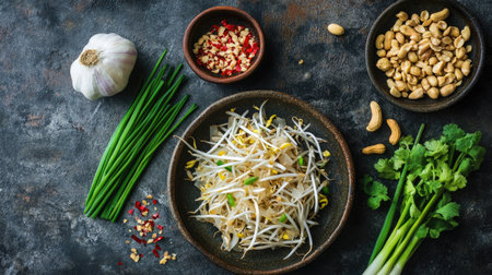 A top view shot of Thai vegetables used in Pad Thai, including bean sprouts, garlic chives, and peanuts on a rustic backgroundの素材