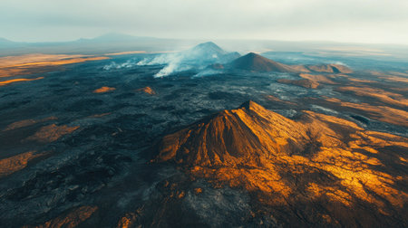 A top view shot of a volcanic plateau with lava fields and scattered volcanic cones in the distanceの素材