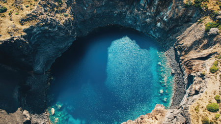 Aerial top view of a volcanic crater lake with vibrant blue water, encircled by rugged, rocky terrainの素材