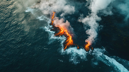Aerial top view of a volcanic lava delta where lava meets the ocean, creating steam and new landの素材