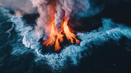 Aerial top view of a volcanic lava delta where lava meets the ocean, creating steam and new landの素材